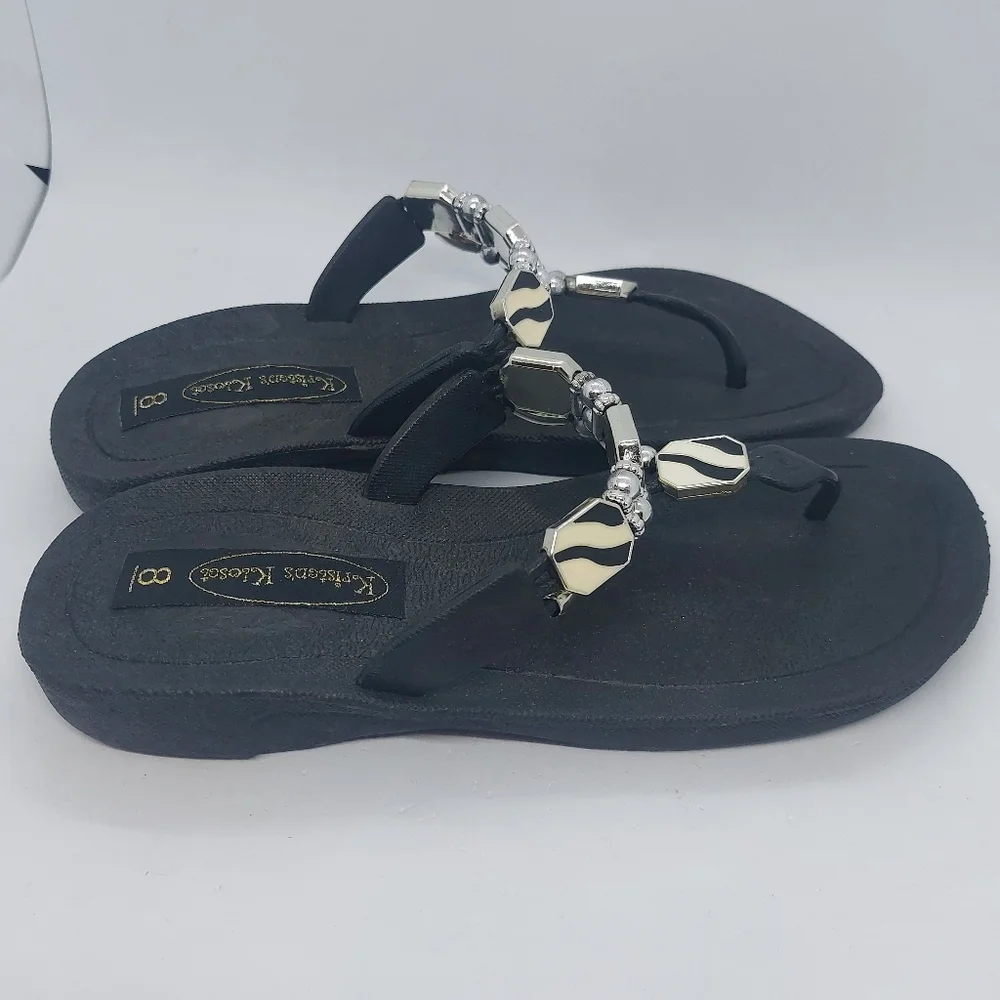 Kristen's Kloset Sandals Beach Pool Thong Jeweled Flip Flops Black Size 8